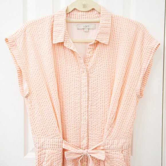 Loft Pink Striped Seersucker Midi Pocket Shirtdress with Pockets, size 12 - Picture 6 of 10